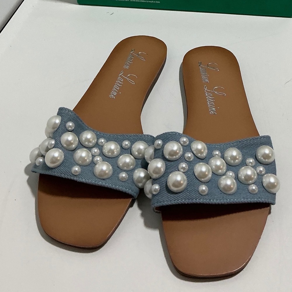 Lauren Lorraine Nilo Blue Denim Pearl Slide Sandals Womens 7.5 Square Toe Flat